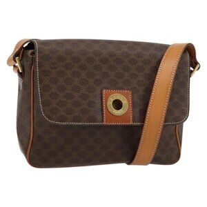 Authentic CELINE Macadam Canvas Circle Shoulder Bag PVC Leather Brown Gold